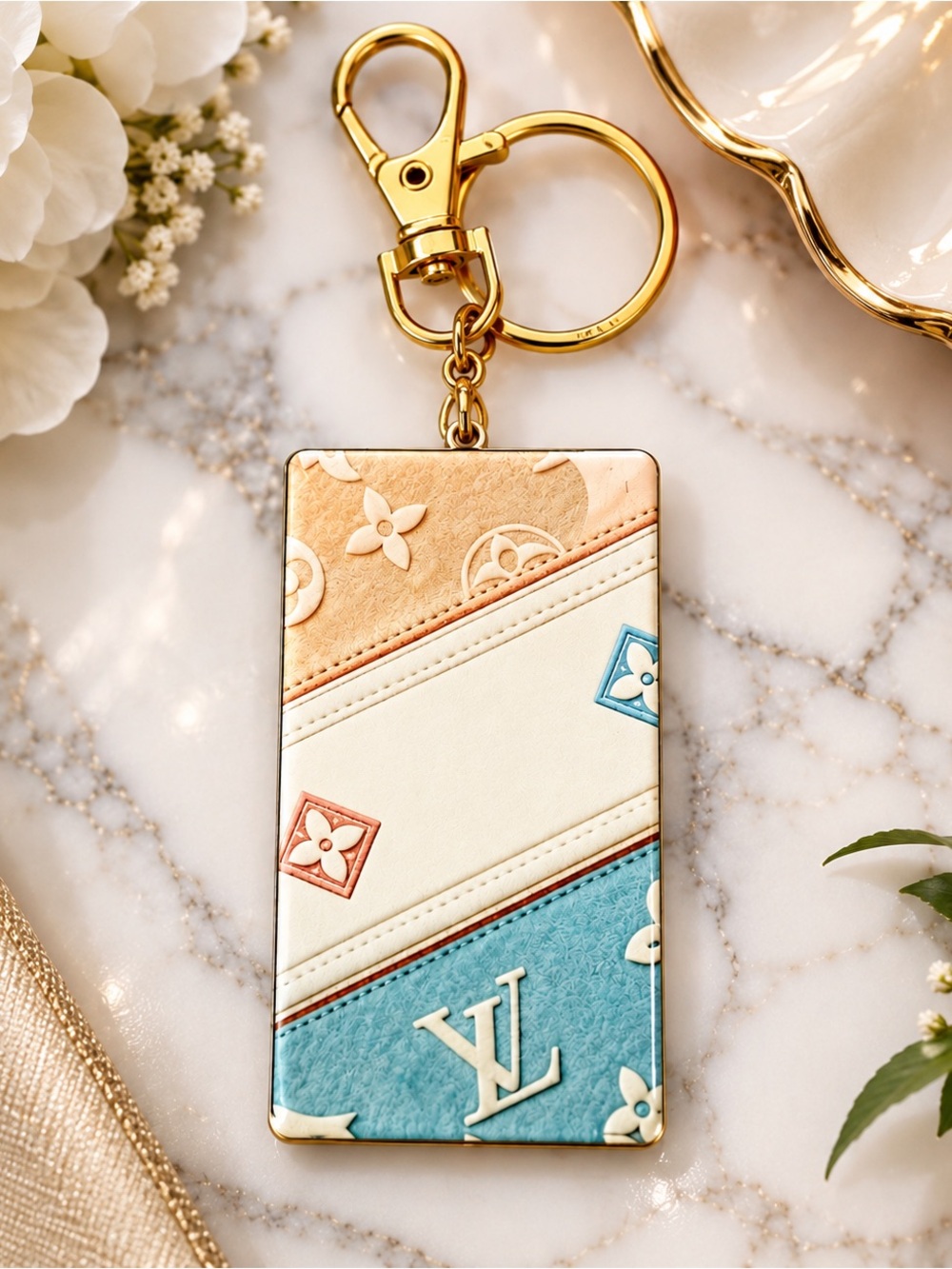 Hand-Crafted Double-Sided Fashion Bag Charm Keychain – Pastel Blue & Tan